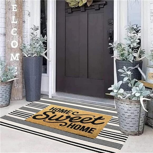 Black & White Striped24'' x 51'' Front Porch Rug Hand-Woven Machine Washable Mat - Picture 4 of 6